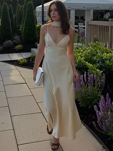 Women's Summer Dress Slip Dresses Long One-Piece Dress Gown Simple And Elegant Formal Dress Evening Party Dresses Backless Sleeveless Designer Clothing Yellow Satin Dress Elegant Fitted Dresses