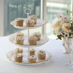 3-Tier Plastic Round Cupcake Stand 15" White with Gold Scalloped Edges - Decorative Space Saving Dessert Display Tower Pastry Serving Tray for Weddings & Cocktail Parties