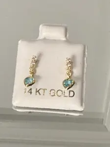 14k Gold  teal dangle heart CZ stud Earrings