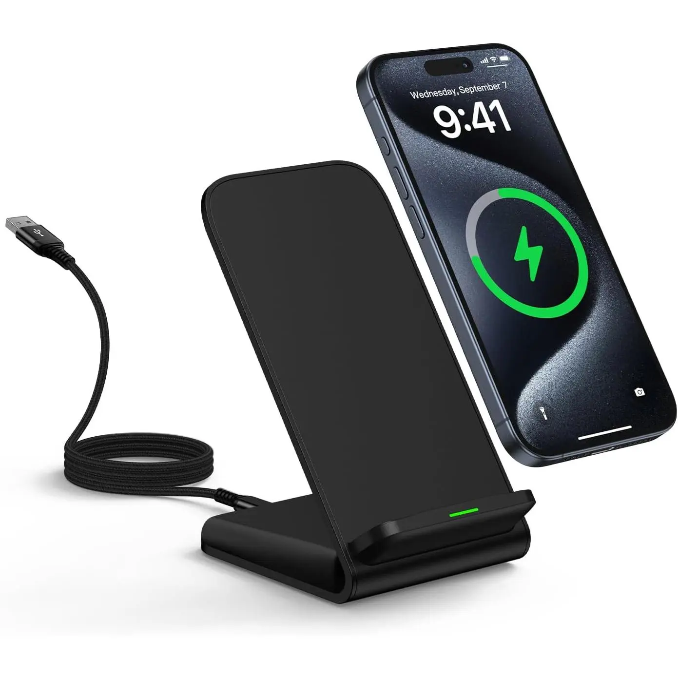 Wireless Charger Stand - 15W Fast Charging Electronic Accessory with Auto-Sense Mode, USB-C Cable Compatible for Smartphone, Cellphone (Pixel, Samsung Galaxy, iPhone 16/15)