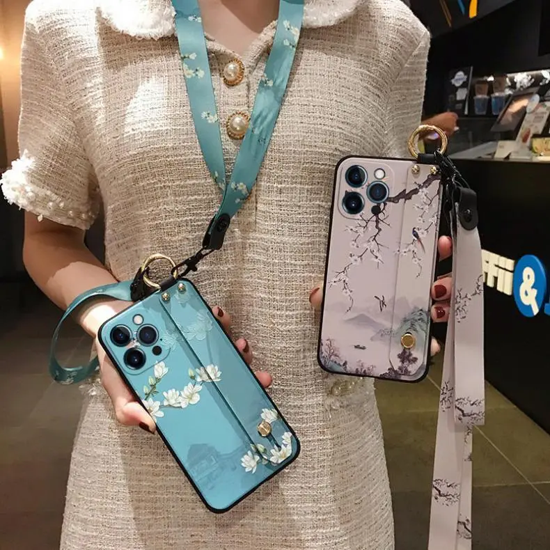 Flower Lanyard Phone Case For iPhone 16 17 15 14 13 12 11 Pro Max 16E Xs Max XR 7 8 Plus Wrist Strap Phone Holder Back Cover