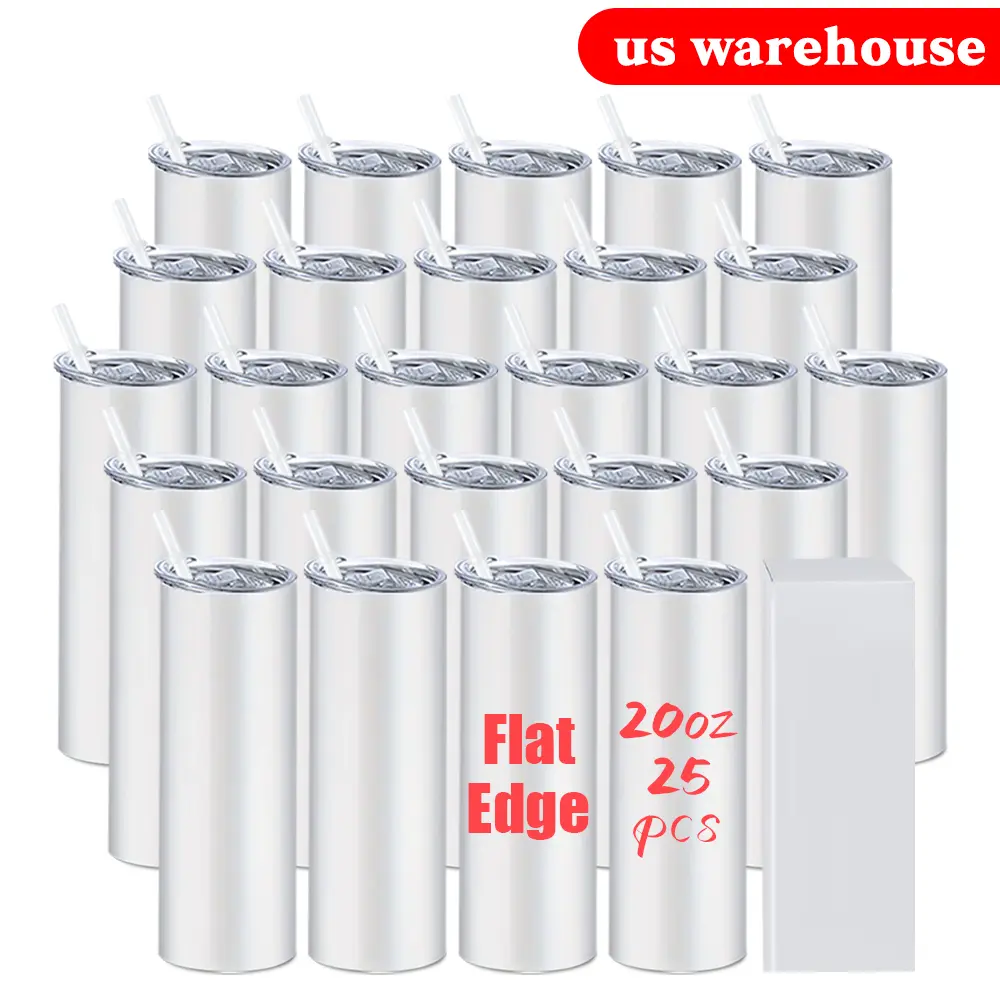 25-Pack 20 Oz Sublimation Blank Stainless Steel Flat Edge Tumblers - Plastic Straw Lid, Gift Box Package, Portable Kitchenware Water Bottles & Vacuum Flasks for Gifting
