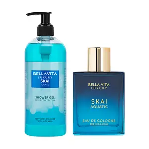 BellaVita Luxury Skai Aquatic Perfume & Body Wash Combo | Unisex Eau De Cologne with Bergamot & Pink Pepper (100ml) + Refreshing Oceanic Shower Gel with Aloe Vera (500ml) | Long-Lasting, Clean, Soothing & Uplifting Daily Care Set