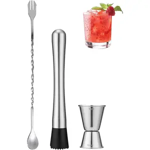 Professional Bar Tools Set, 10-inch Stainless Steel Muddler, Mixing Spoon, Measuring Jigger for Cocktails for Home Bartenders, Mojitos, Margaritas and Fruit-Based Drinks