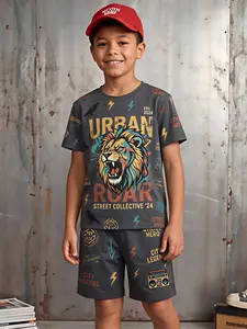 Hot-selling in Europe and the US: Boys' 2–12 Years American Street Style Short-Sleeve Shirt and Shorts Set—Polyester, Slightly Stretchy, Skin-Friendly, Quick-Drying Two-Piece Set with Lion Graffiti Print—Perfect for Summer School and Outdoor Wear