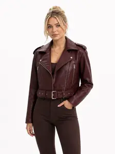 Leather Jacket for Women, Cropped Motorcycle Jacket with Belt, Long Sleeve Zip-Up Biker Jacket, Slim Fit Faux Leather Coat, Casual Streetwear Outerwear for Travel, Date Night & Everyday Wear