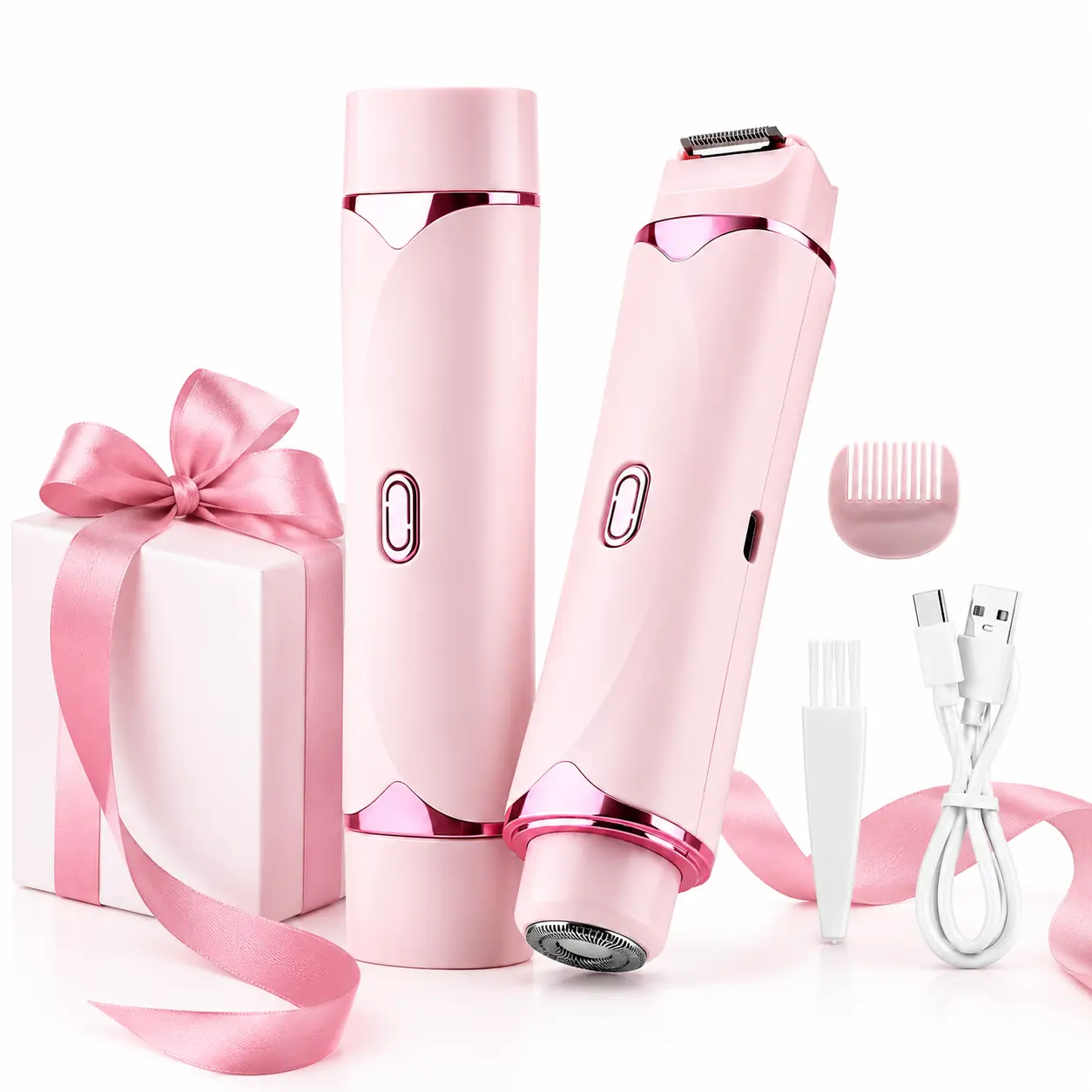 Women's Cordless 2-in-1 Electric Trimmer & Shaver for Women, IPX7 Washable Wet Grooming Tool, Built-in Rechargeable Battery, Dual Floating Heads, Skin-Friendly Blade Mesh, Painless Pubic Hair Care, Type-C Cable, Cleaning Brush