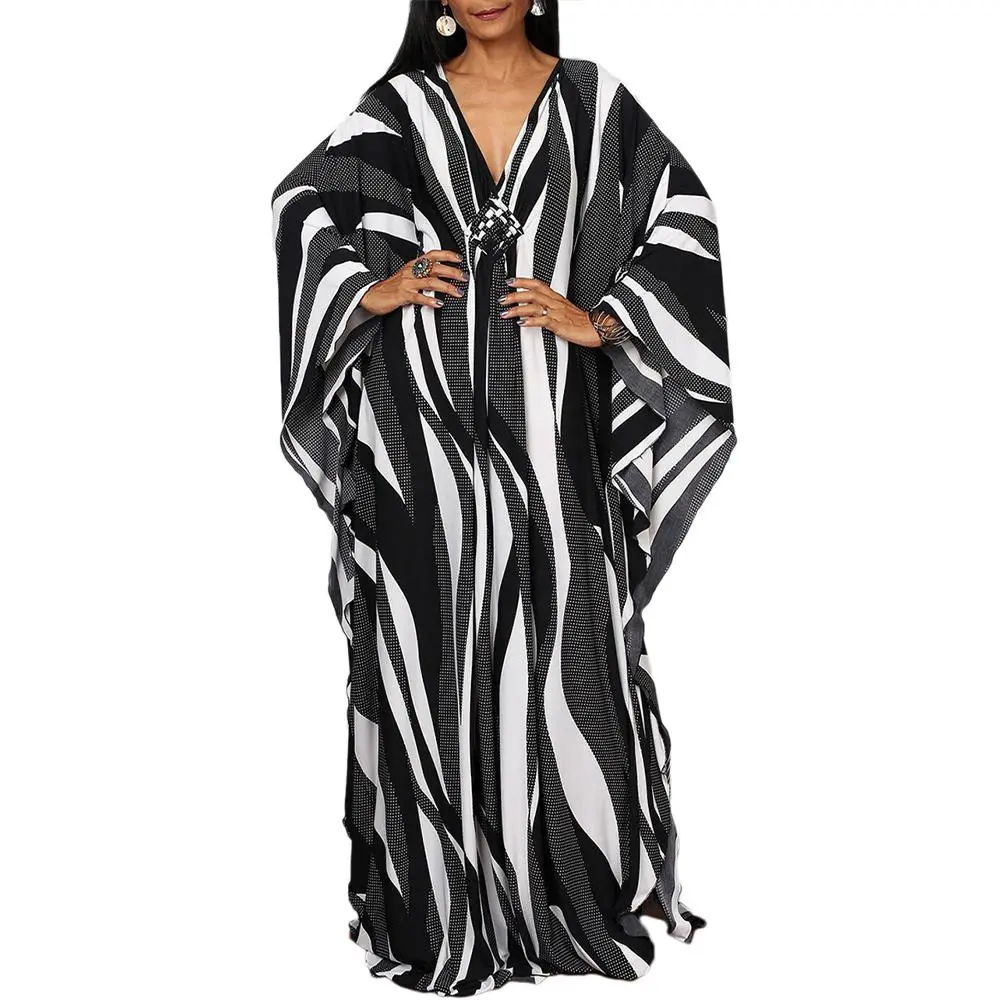 Bsubseach Women's Plus Size Casual Beach Cover Up - 70s Retro Vibe Lightweight Poly Kaftan Maxi Dress with Batwing Sleeves, Ethnic Print Adds Character