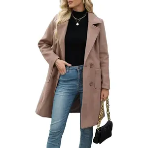 Women's winter wool blended camel colored mid length coat, double breasted lapel coat with missing corners