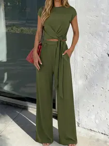 Women's Summer Vacation Two-Piece Set, Sleeveless Vest + High Waist Wide Leg Pants, Casual Fashion, Perfect for Travel, Outfit Womenswear