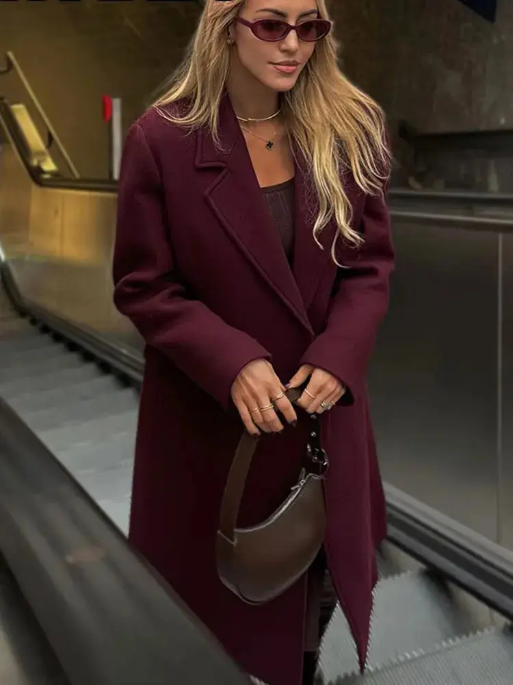Women's Clothing HH Elegant Burgundy Double-Breasted Long Sleeve Blended Parka Parka Autumn Winter Street Fashion Outerwear Coat