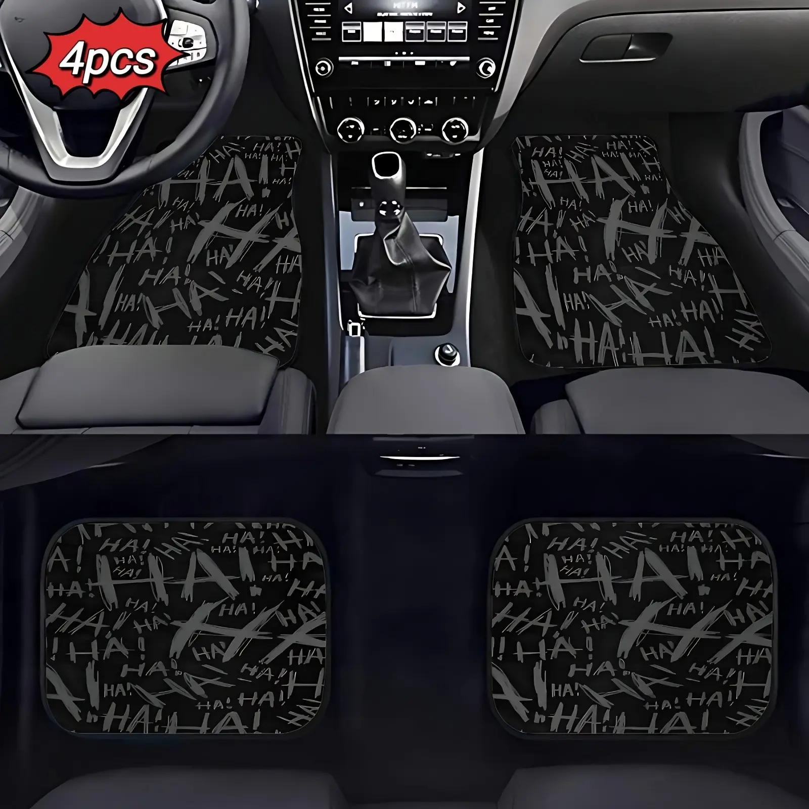 4pcs Graffiti Haha Car Floor Mats, Polyester Fiber Material, Fashionable Gift for Friends and Family, Car Interior Accessories, Car Accessory