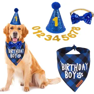 Dog Birthday Party Supplies, Multi Size Offered, Blue Dog Birthday Hat Bandana Numbers Bow Set for Large X-Large Dogs Pets (X-Large)