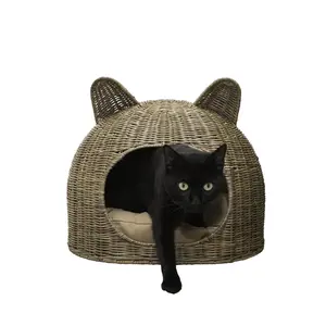 THE LICKER STORE Keely Cat Ear 20" x 14.5" Coastal Handwoven Rattan Cat Bed with Machine-Washable Cushion, Natural