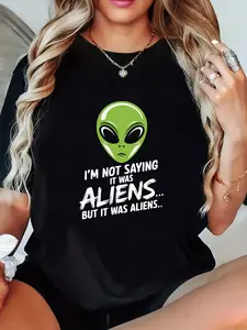 Summer Casual Round Neck T-Shirt with Slight Stretch Fabric Regular Fit with Alien Print
