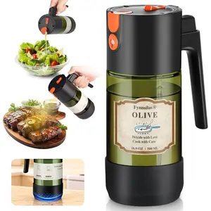 2-IN-1 Oil Sprayer for Cooking with 8 Stickers Light-Blocking Dark Glass Olive Oil Dispenser 500ml/16.9oz Oil Mister for Air Fryer BBQ Salad Even Spray with Portion Control