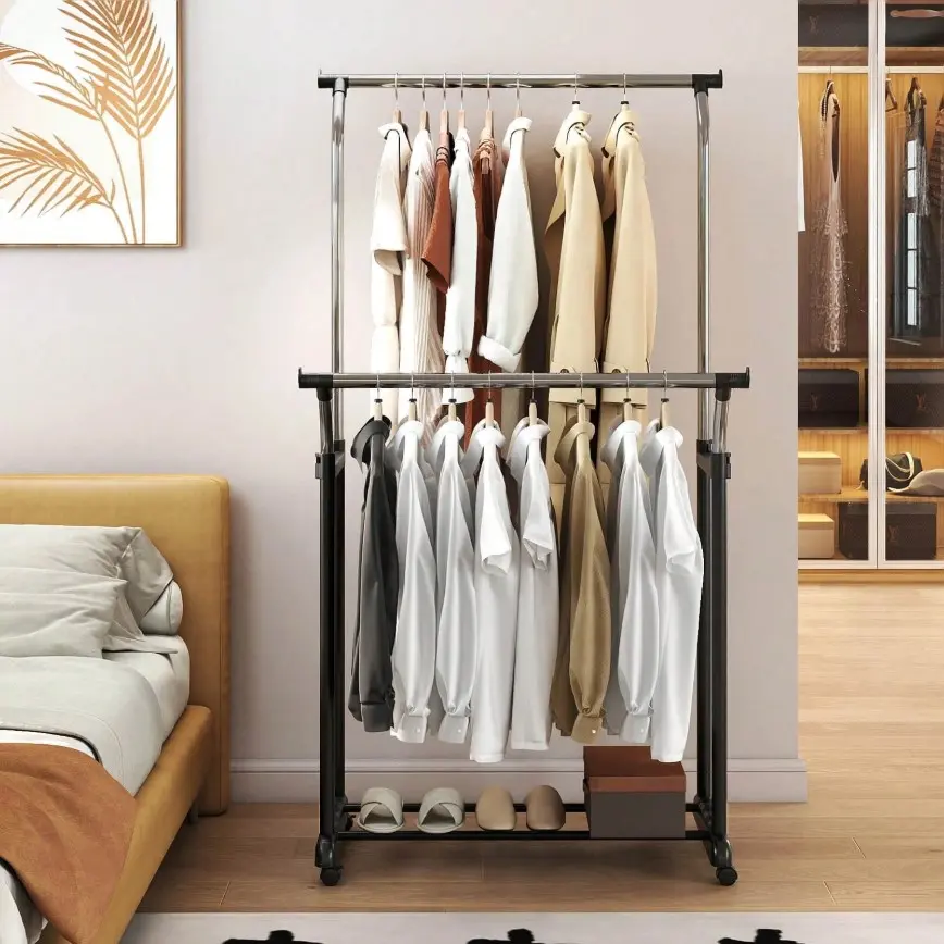 Rolling Clothes Rack With Adjustable Height, Heavy-Duty Metal Rack For Laundry