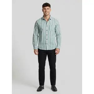 Men's Sage Green and White Horizontal Striped Button-Down Shirt