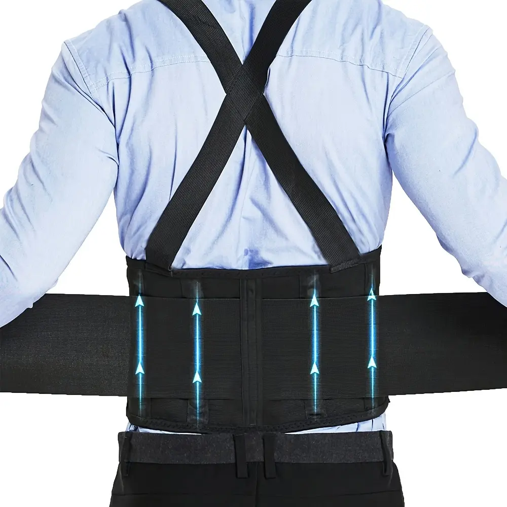 Adjustable Lumbar Support Belt with Suspenders for Men & Women - Heavy Duty Back Brace for Construction, Moving, and Warehouse Work - Breathable Spandex Material, Adjustable Straps, Closure - Order A Size Up