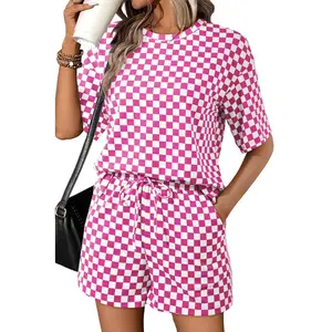 Women's Casual Checkered 2-Piece Sports Clothing Set - Short-Sleeve Crew Neck Tee with Drawstring Pocket, Lightweight Fabric, Stylish Shorts for Sports & Outdoor Activities