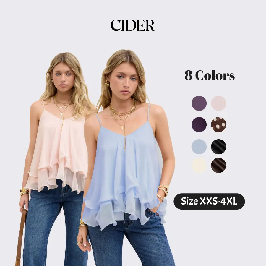 Cider Ruffle Knotted Cami Top – Flattering Layered Mesh Tank for Women, Conceals Bra Side, Soft Summer Top for Date Night & Beach Camisole Womenswear