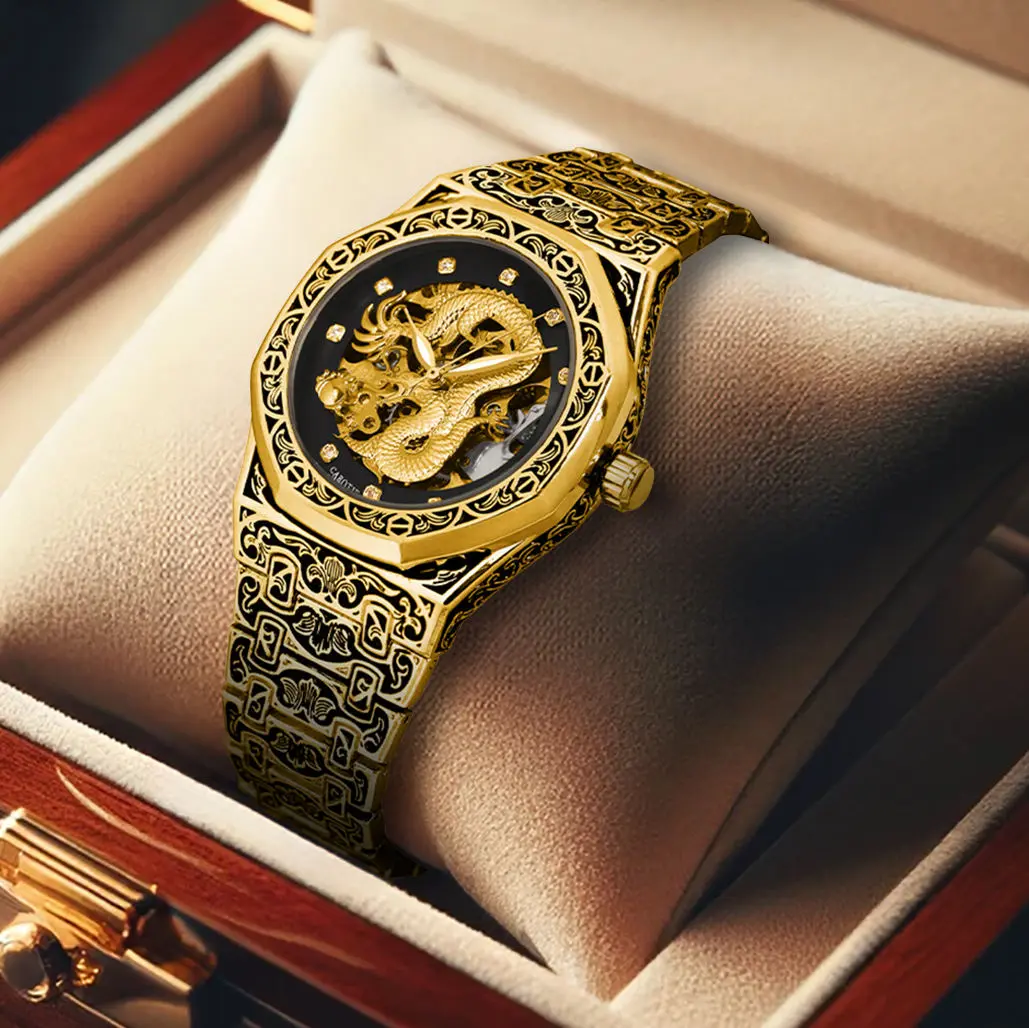 Men's Luxury Bold Gold Analog Mechanical Wrist Watch - Automatic Movement, Dragon-Engraved Hollow-Back Case, Sapphire Glass, 50M Water-Resistant, Stainless Steel, Black Gold Accent, Analog Mechanical Wrist Watches, Black Gold Accent Wrist Watches