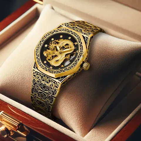 Men's 40mm Luxury Gold-Toned Analog Mechanical Wrist Watch - Automatic Movement, Dragon-Engraved Hollow-Back Case, Sapphire Glass, 30M-50M Water-Resistant, Polished Metal, Black Gold Accent, High Quality Premium Watch, High Quality Watch