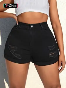 [Plus Size] High Waist Ripped Button Fly Denim Cutoff Shorts, Casual Pocket Design Shorts for Daily Wear, Women's Bottoms for Summer, Womenswear