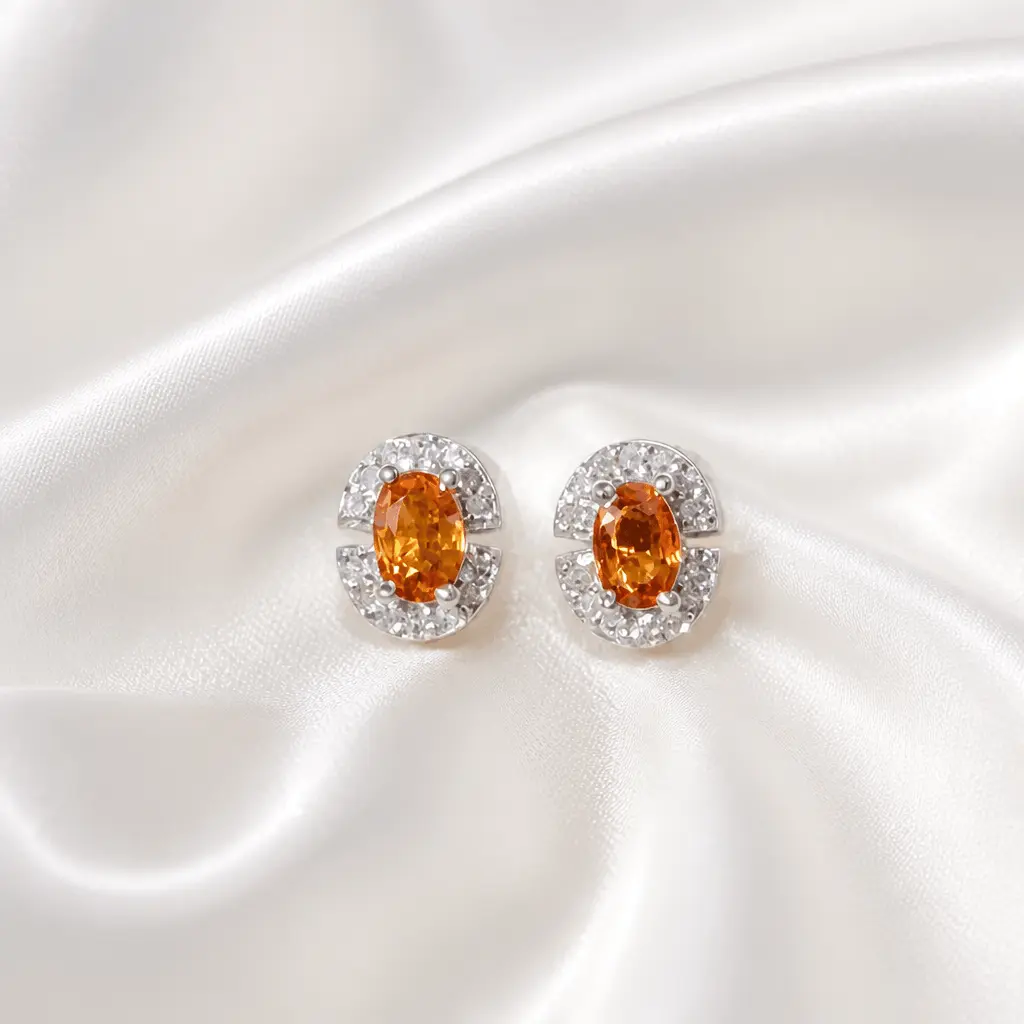 Divine Aurora Natural Orange Sapphire & Diamond Earrings - Radiant Glow, Sparkling Center Stone, Genuine Diamonds, Luxury Finish Costume Jewelry, Women