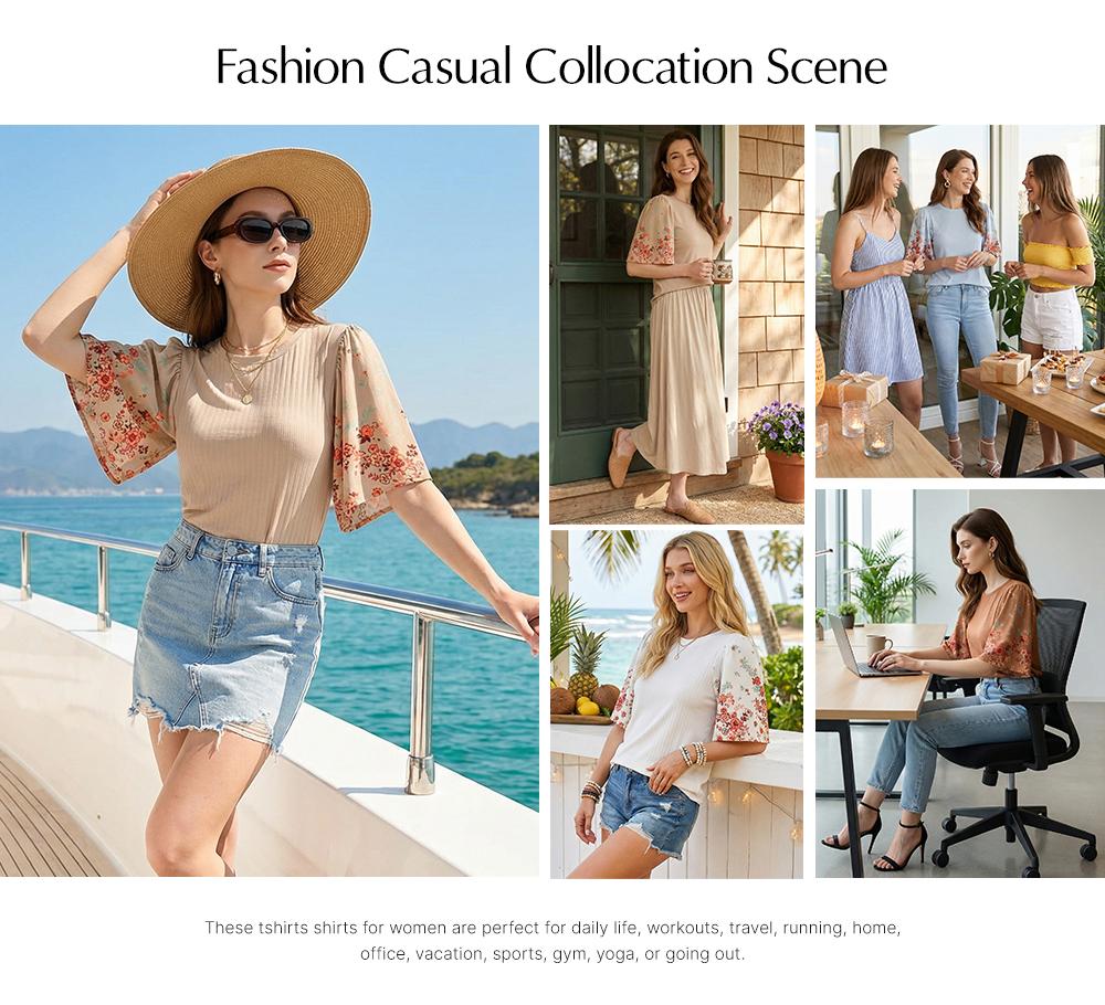 EVALESS Women's Boho T Shirts Tops Casual Loose Stretchy Ribbed Shirts Crew Neck 3/4 Sleeve Floral Print Patchwork Blouses 2026 Trendy Spring Summer Outfits SwimWeek