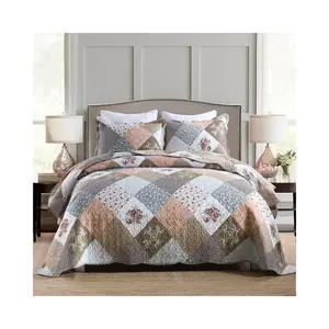 Quilt Set Twin Size - 2 Piece Microfiber Quilts Reversible Bedspreads Patchwork Coverlets Floral Bedding Set All Season Quilts with Geometric and Little Rose Print Pattern,Coffee
