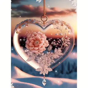 5D Cube Round Diamond Full Drill Painting Featuring a Beautiful Pink Heart Pendant. This Diamond Cross-Stitch Wall Art Is Perfect for Beginners And Craft Enthusiasts, Making It an Essential Decoration for Living Rooms, Bedrooms