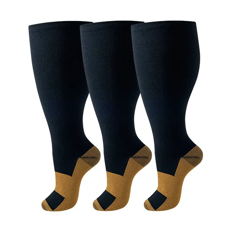 3 Pairs Plus Size Two-Tone Knee High Compression Socks, Classic Style Nylon Knit for Women & Men, Soft & Comfortable for Daily Wear, Gym and Sports