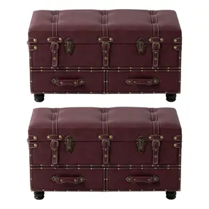 COZAYH Vintage Storage Bench Upholstered Wooden Ottoman Chest, Magenta, Set of 2
