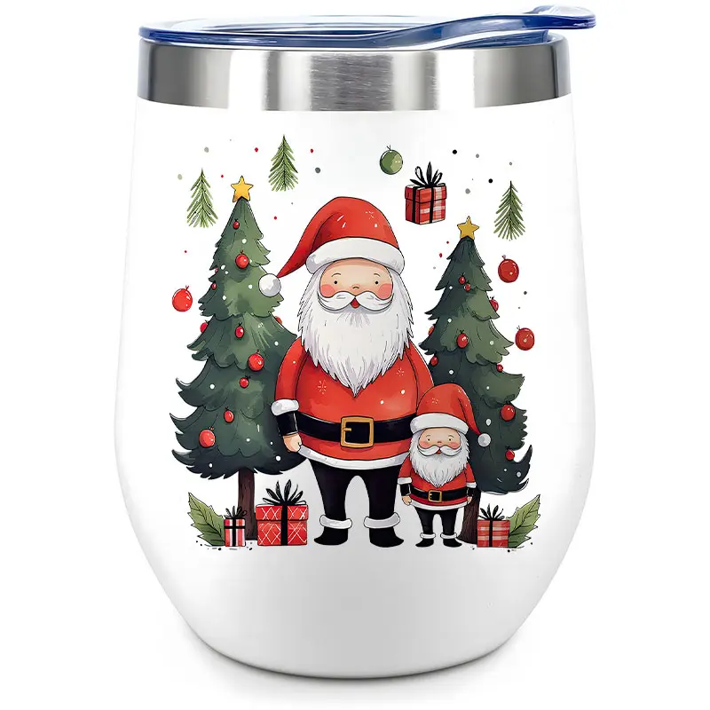 Warm Santa Christmas Design 12oz Wine Tumbler with Lid, Stainless Steel Travel Mug, Double Wall Insulated Coffee Cup, Insulated Wine Glasses Travel Tumbler for Cold & Hot Drinks, Reusable Spill-Proof Design, Perfect Gift for Family and Friends