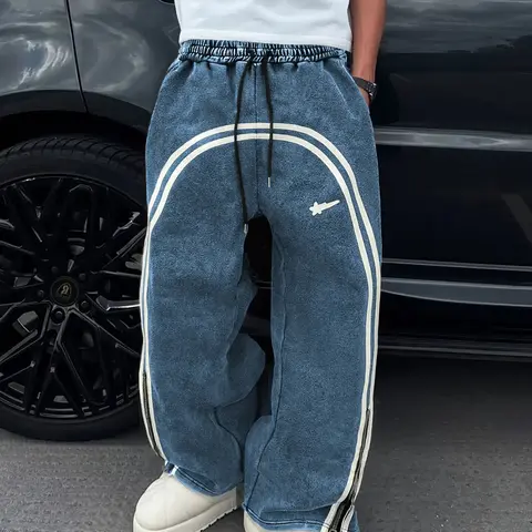 Men's Casual Loose-Fit Cotton Sweatpants, Meteor Graphic Print, Zipper Drawstring Hem, All-Season Comfortable Pants for Men, Casual Comfy Sweatpants, Athleisure Style Pants, Sports Casual Pants, Athleisure Design, Casual Comfy Sporty