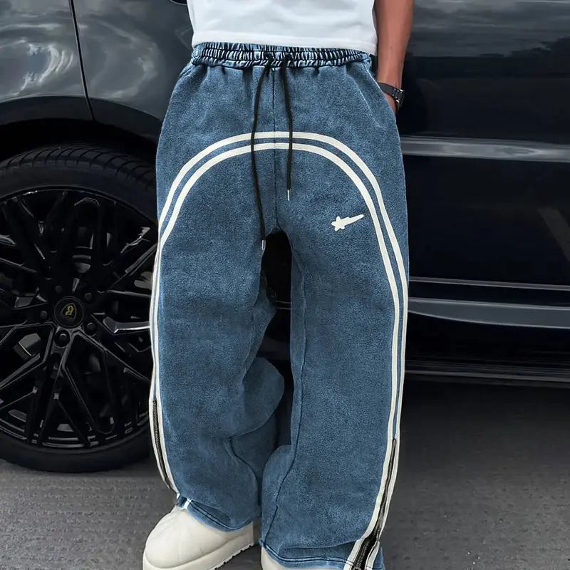 Men's Casual Loose-Fit Cotton Sweatpants, Meteor Graphic Print, Zipper Drawstring Hem, All-Season Comfortable Pants for Men, Casual Comfy Sweatpants, Athleisure Style Pants, Sports Casual Pants, Athleisure Design, Casual Comfy Sporty