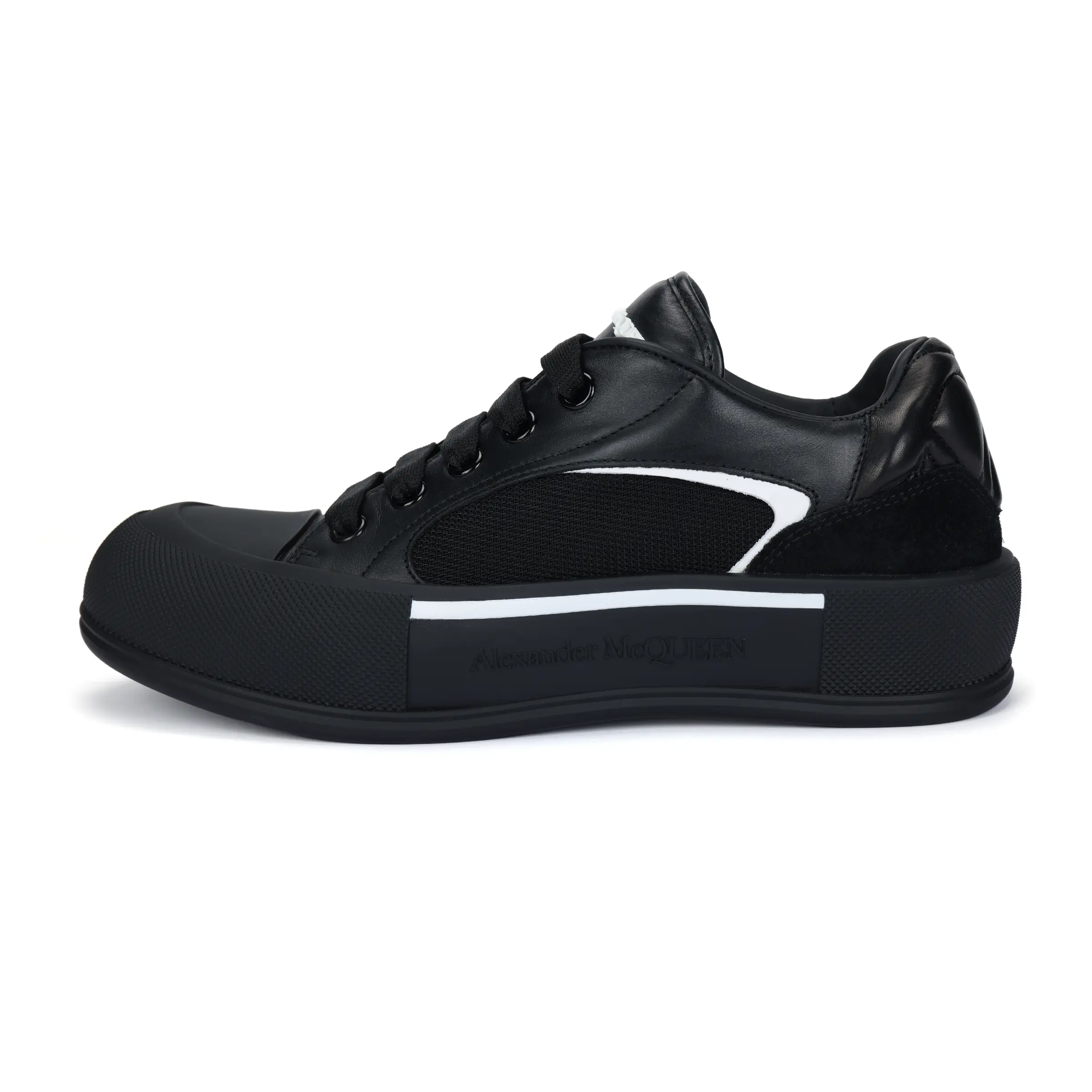 Men's Alexander McQueen Deck Leather Trainer - Round-Toe Lace-Up Low-Top Casual Footwear, Black Trending Style, House White Official Pair with Verifiable Maison Mihara Credentials & Global Authentication Support