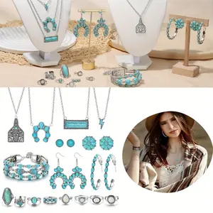1 SET Western Bohemian Jewelry Set for Women - Turquoise Cuff Bracelet, Pendant Choker Necklace, Hoop Dangle Earrings, and Joint Knuckle Rings