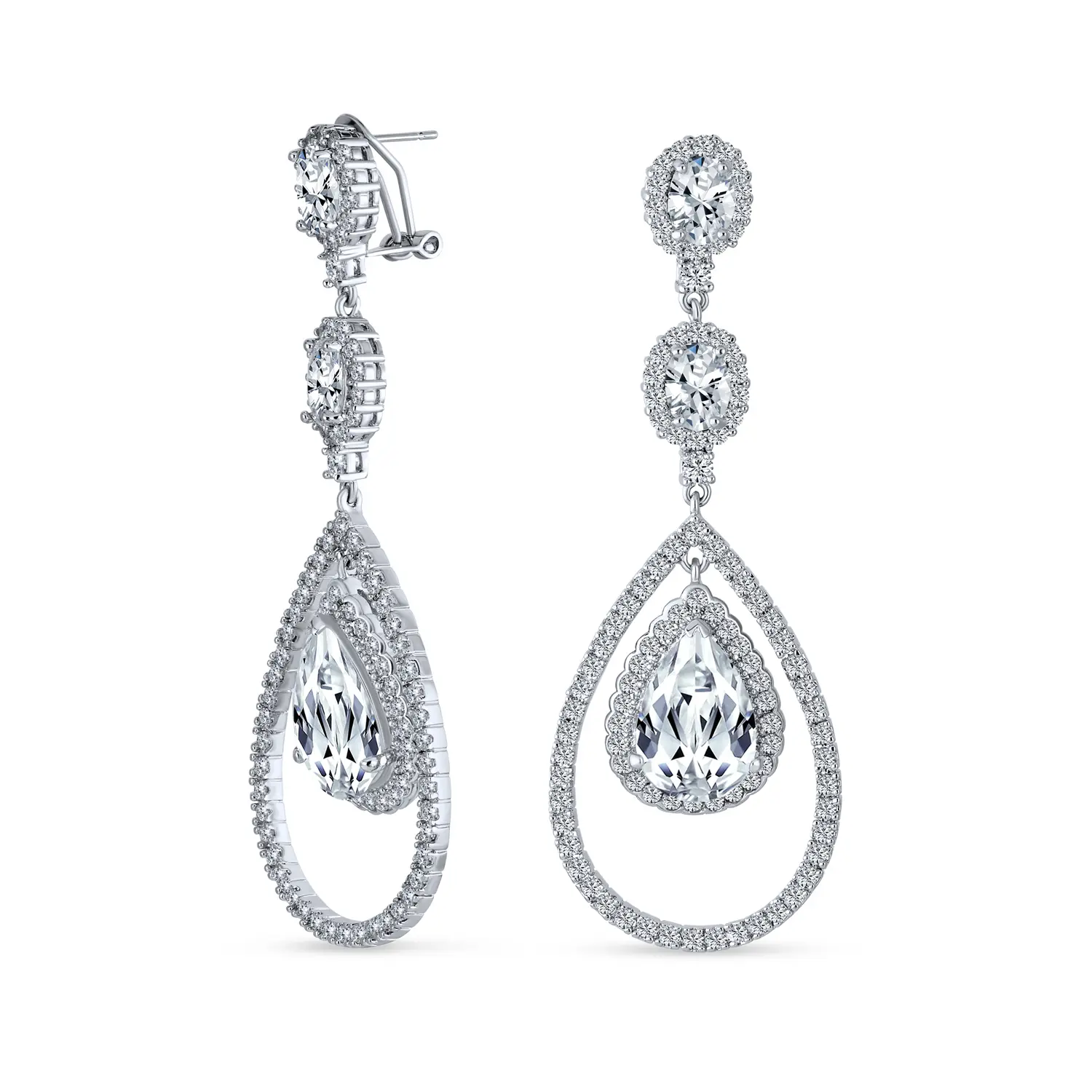 Cocktail Double Halo Large Teardrop Color CZ Chandelier Earrings