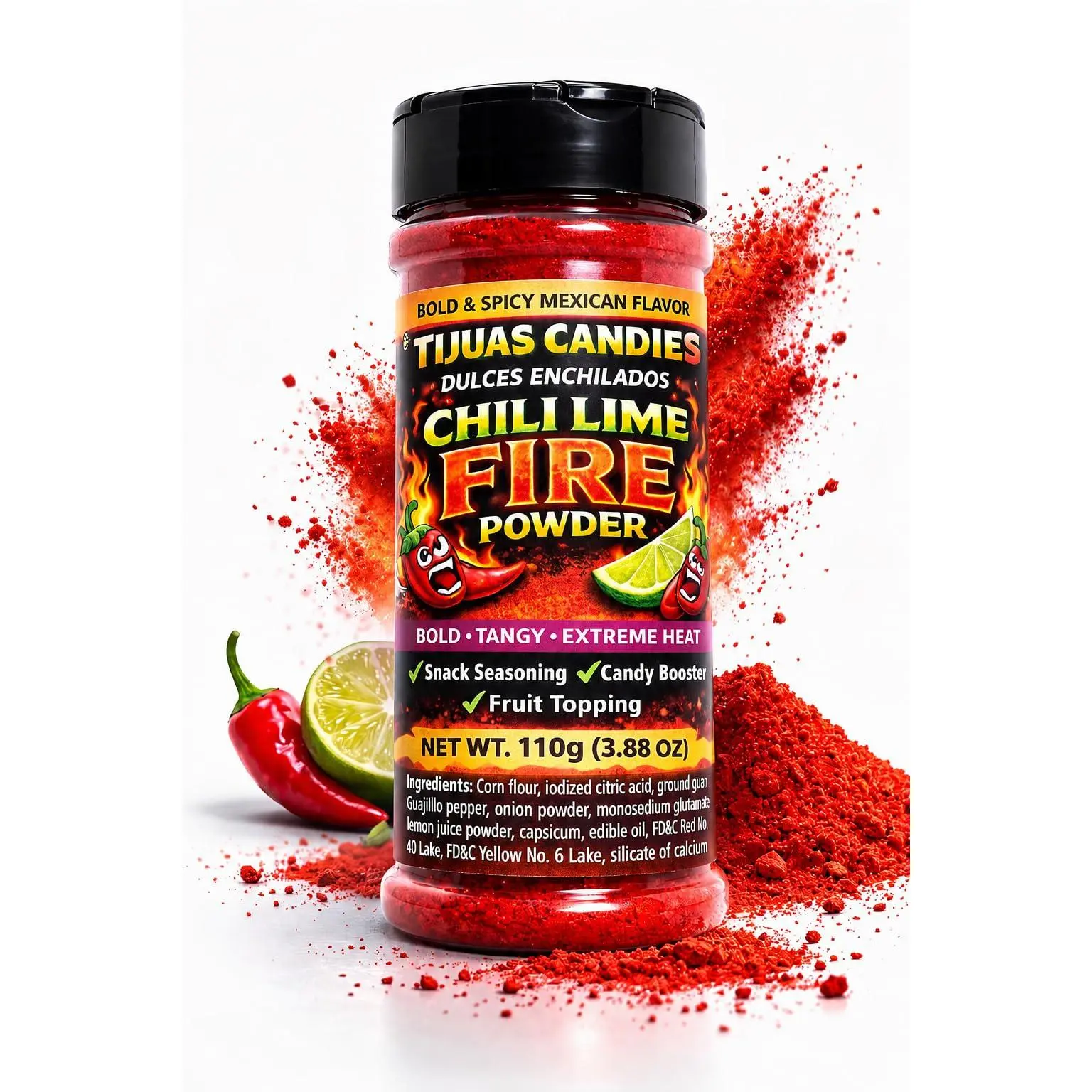 NEW - Tijuas Candies Chili Lime Fire Powder – Bold Mexican Snack Seasoning – Extreme Heat Chili Lime Tajin Style Sprinkle for Fruit, Chips, Corn, Candy – 3.88 oz (110g)