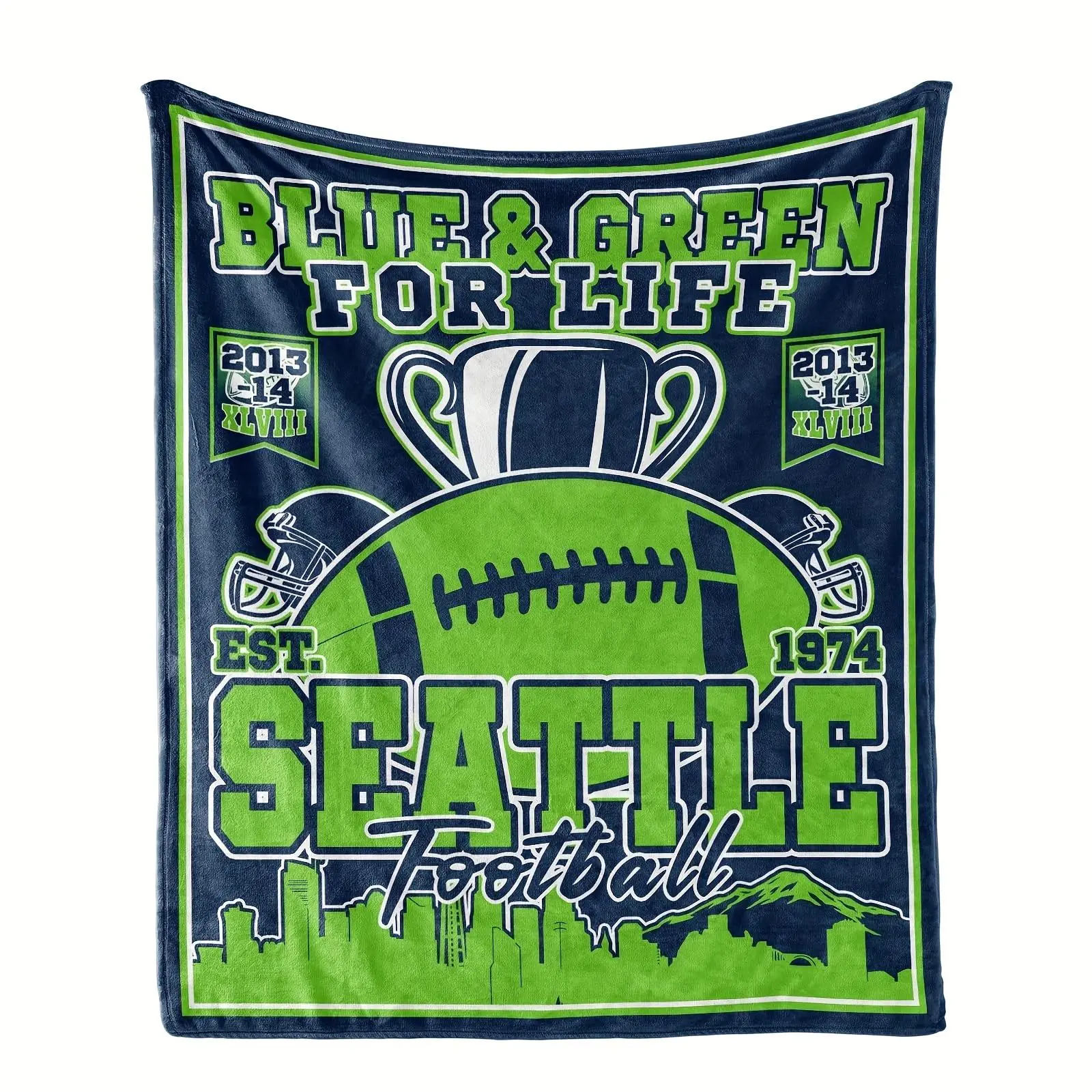 Seattle Football Team Evergreen Tree Emblem Team Logo Blanket, 1pc Blue-Green Ultra-Soft Vintage 1974 Design, Machine Washable All-Season Durable Football/Sports Logo Blanket for Indoor-Outdoor Fan Gifting, Team Logo Blankets, Football Blankets