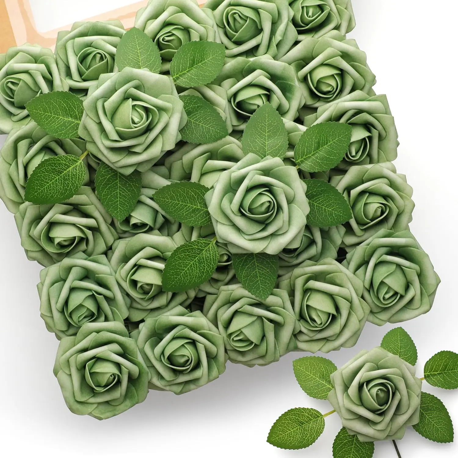 25pcs Roses Green Foam Roses with Stems - Artificial Rose Flowers for Wedding Bouquets, Bridal Shower Centerpieces, Party Table Decorations Home Floral Decor, Flower Arrangement Perfect Decor for Christmas Thanksgiving
