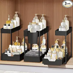 Under Sink Organizers and Storage, 3 Pack of 2-Tier Multi-Use Cabinet Organizers with Sliding Drawers, Hooks and Hanging Cups, Under Sink Organizers for Kitchen and Bathroom Home Organization(Black)