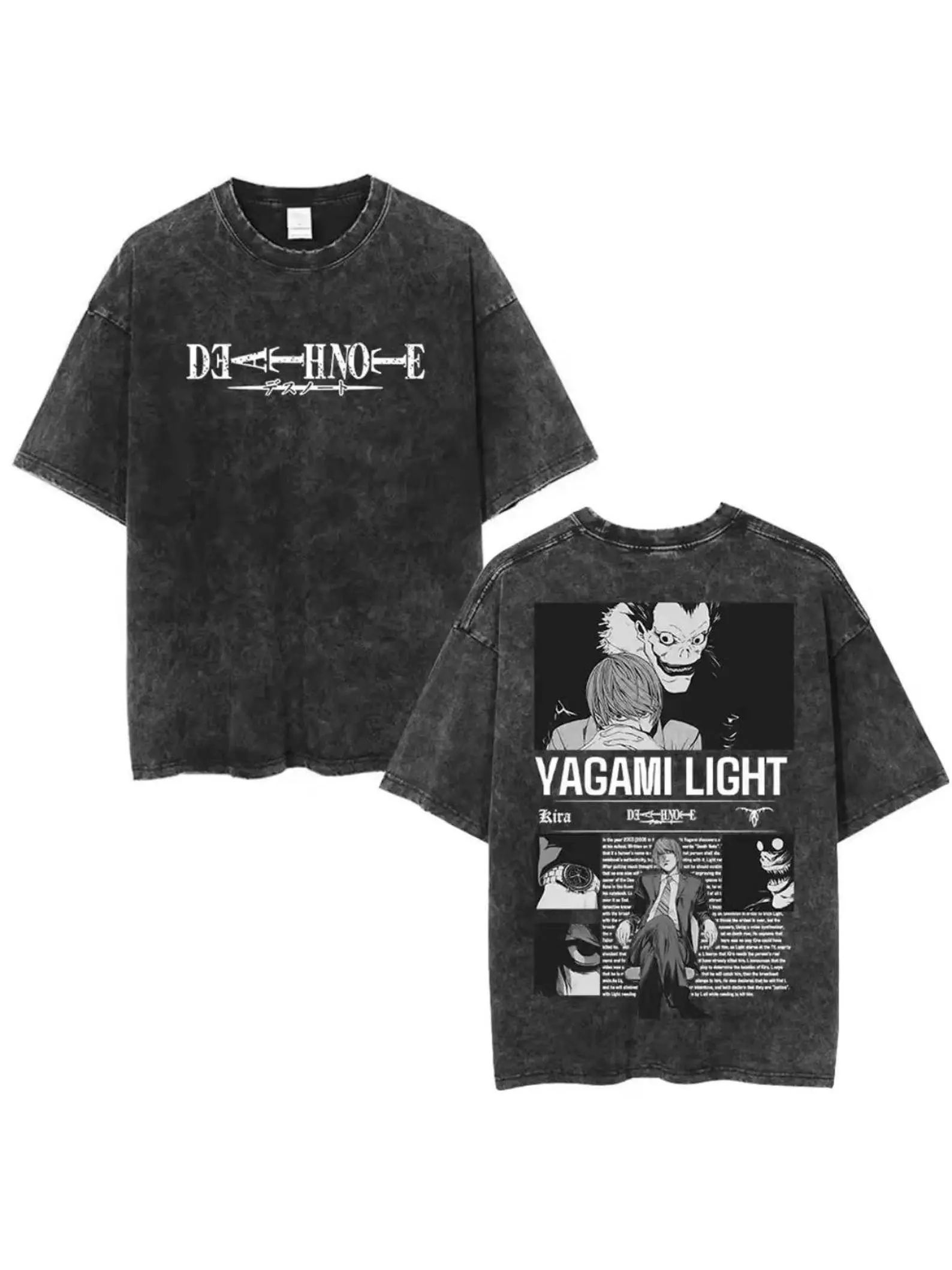 Death Note Shirt, Light Yagami Kira fashion wear Oversized Tshirt, Vintage Anime Graphic Tee, Acid Wash Streetwear, Ryuk Shinigami Manga Panel Typography Back Graphic Top, Heavyweight Cotton Harajuku Apparel, Unisex Tee