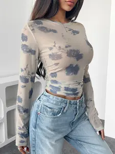 Women Floral Net Fabric Printed Long Sleeved T-shirt Ruffled Side-edge Short-sleeved Top Dressy Causal Clothes Spring Summer Trendy Outfits