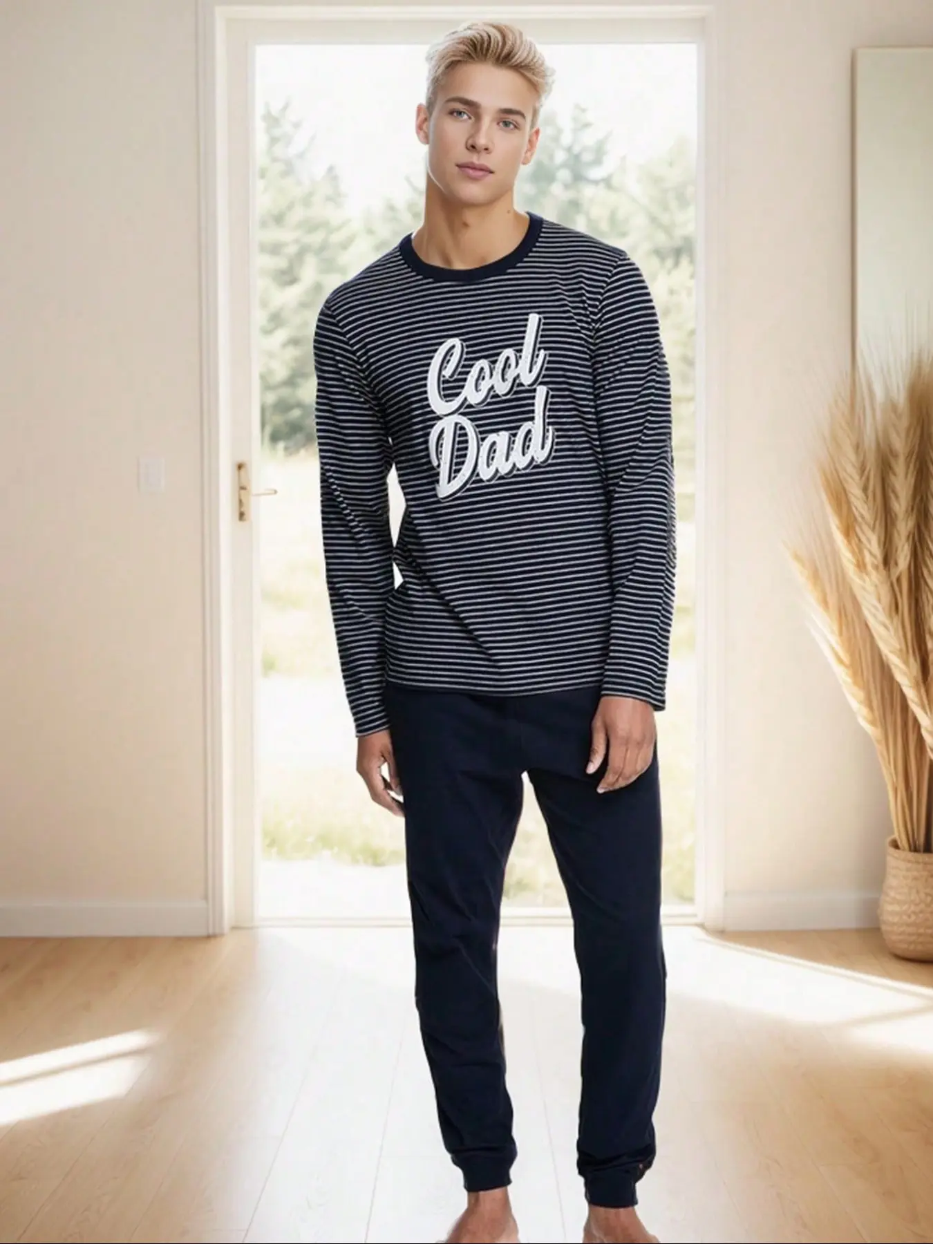 Men's Simple Round Neck Long Sleeve Pajama Set, Comfortable Skin-Friendly Plaid Pants Sleepwear, Loungewear, Casual Home Wear for Men