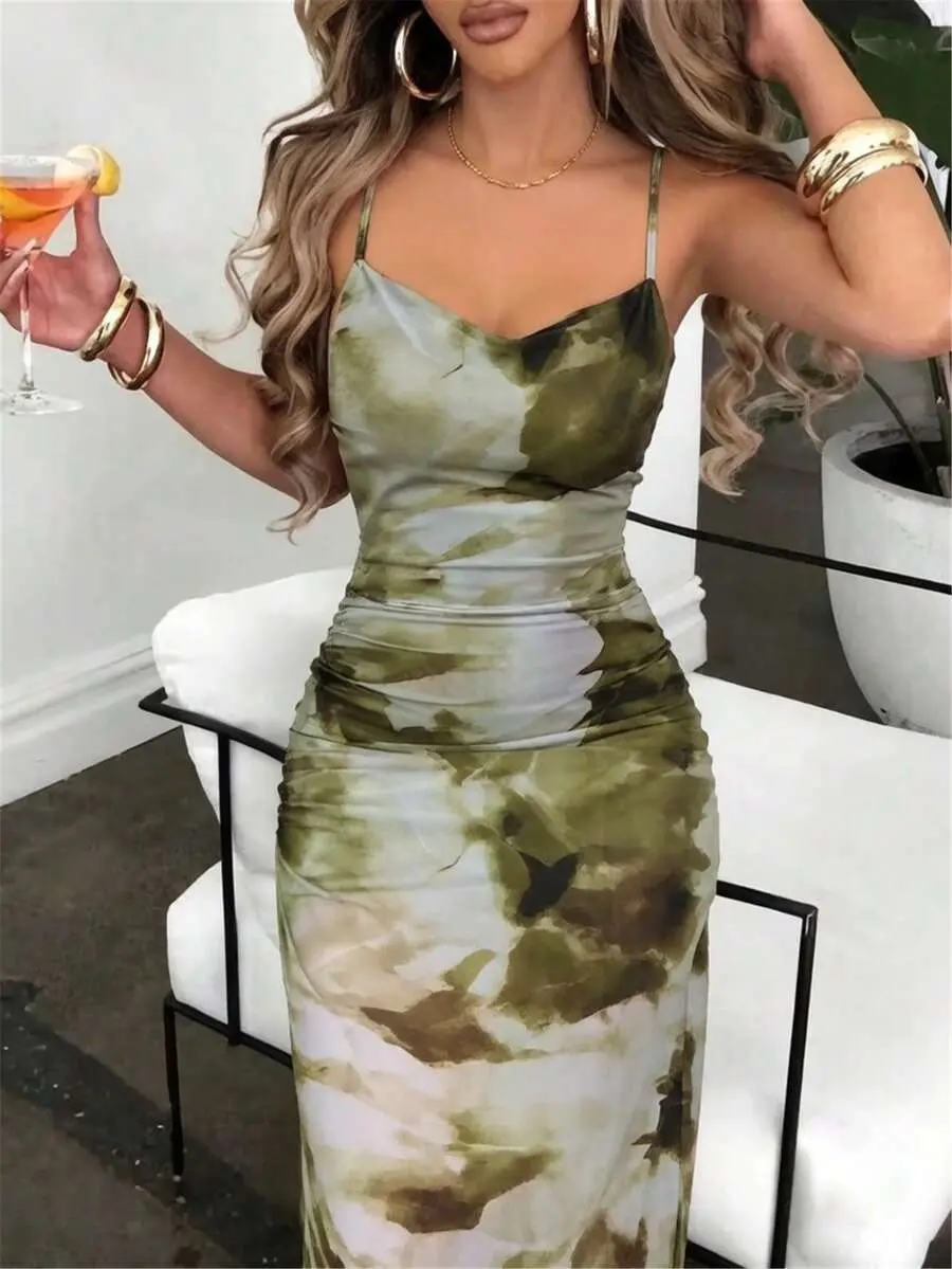 SLAYDIVA Women's Summer Elegant Beach Dress, Netting Tie-Dye Bodycon Backless Asymmetrical Hem Dress