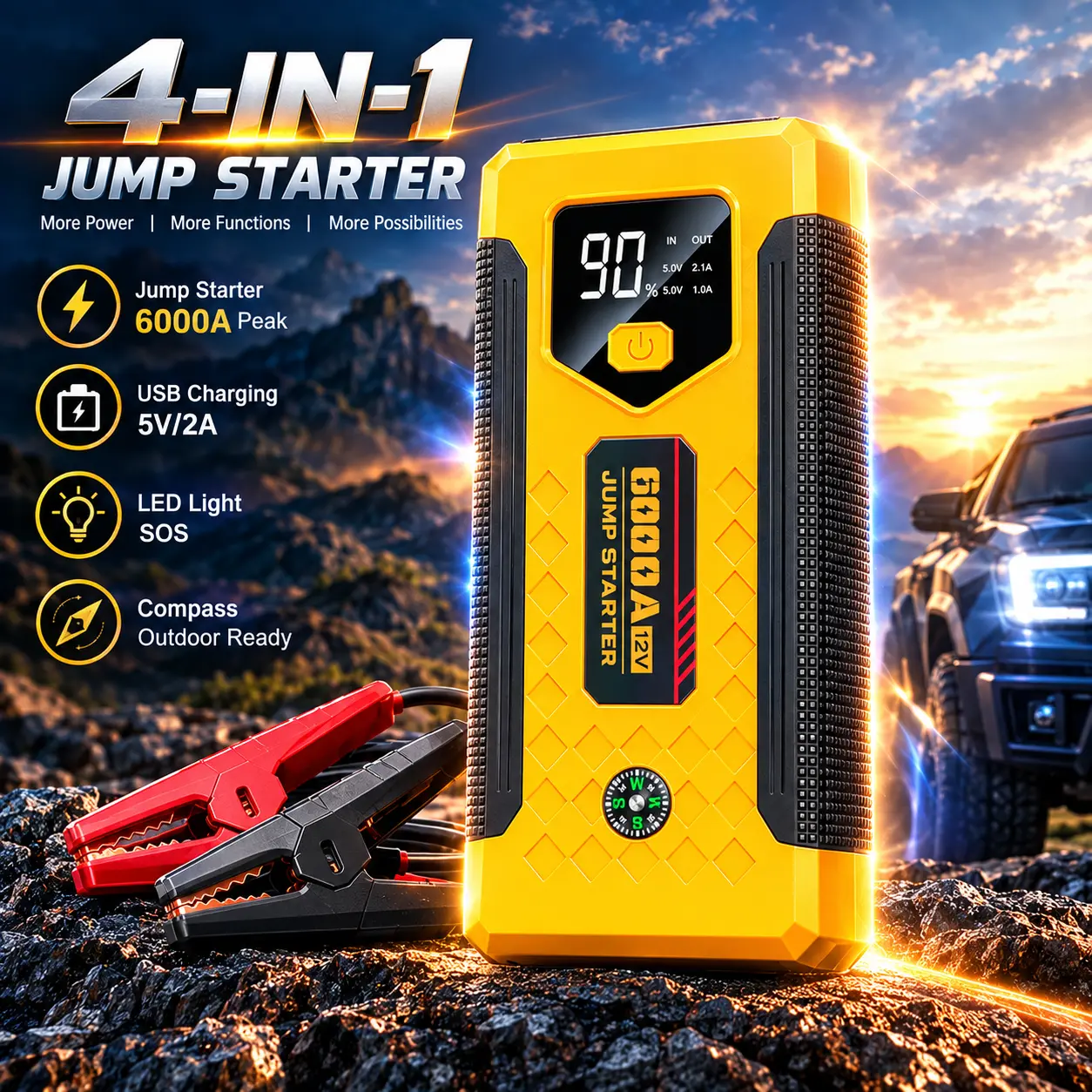 【APEXPIONE】 12V Compact Car Jump Starter Battery Booster Power Bank with Boost Power, 12V Output, LED Emergency Light, LCD Screen for Passenger Cars, SUVs