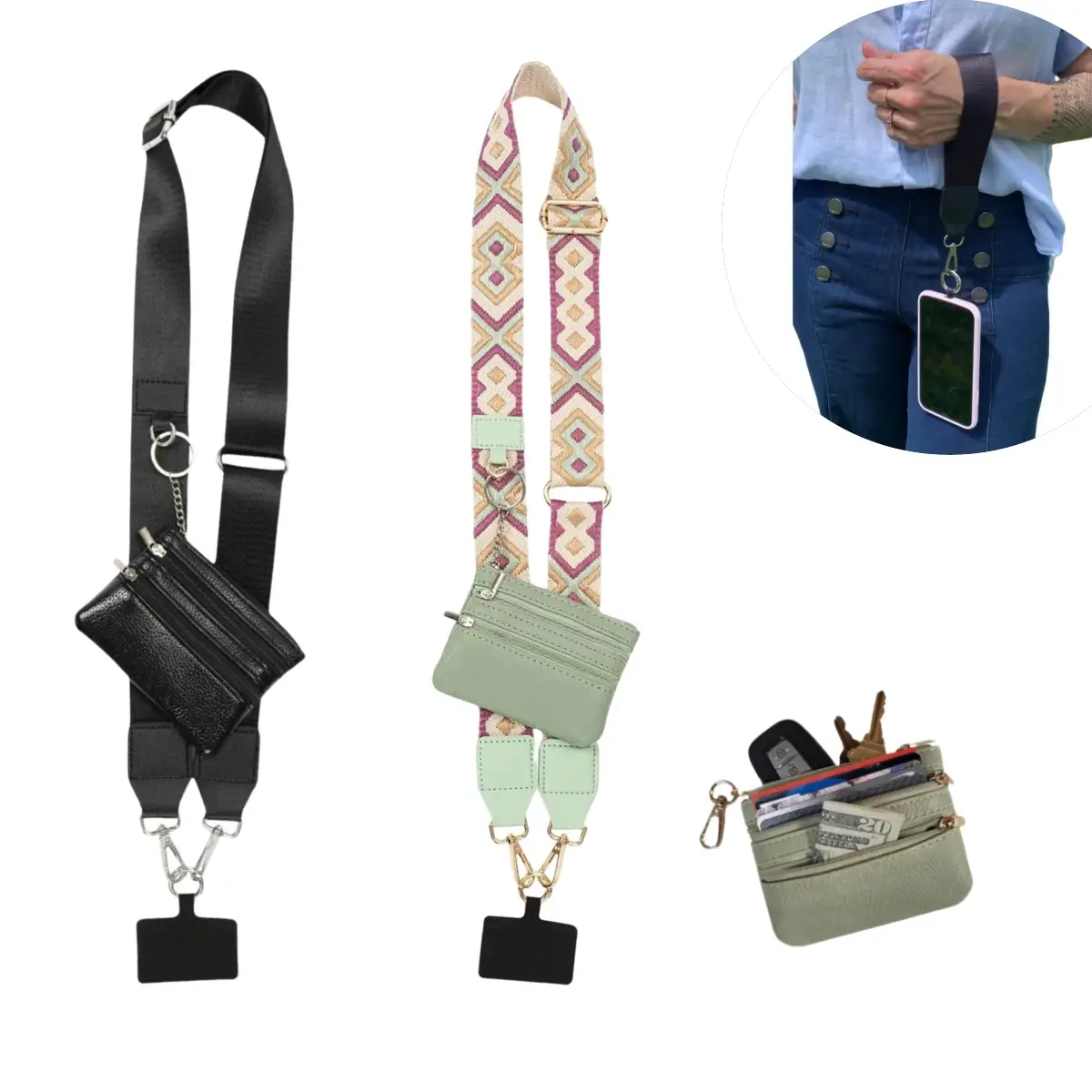 Phone Strap with Zipper Wallet Pouch, 2024 Clip & Go Crossbody Strap, Adjustable & Detachable Smartphone Accessories Cellphone